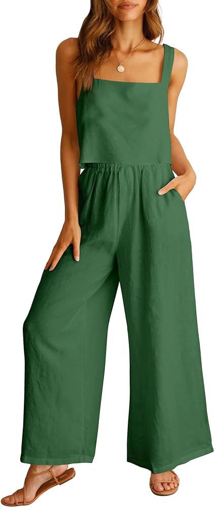 Women's 2 Piece Outfits Square Neck Linen Tank Crop Top Wide Leg Pants Matching Lounge Set Tracksuit