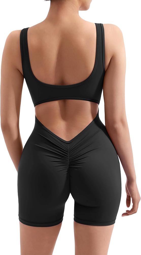 MOOSLOVER Women Backless Workout Jumpsuit Tummy Control One Piece Short Jumpsuits V Back Scrunch Butt Yoga Rompers