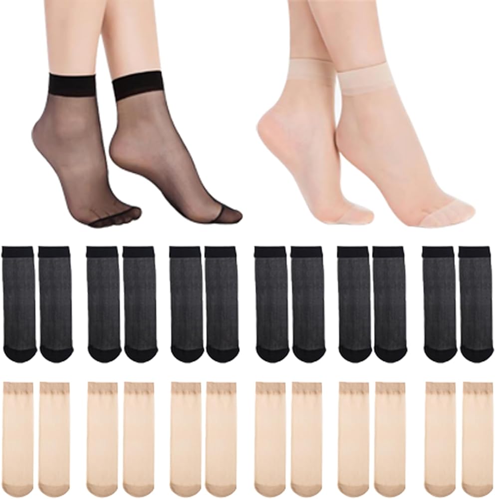 12PCS Women's Ankle High Sheer Socks Nylon Socks Crew Stocking Soft Tight Hosiery Thin Through Calf High Silk Socks