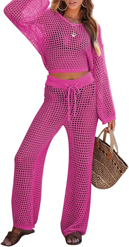 Pink Queen Women's Swimsuit Cover Up Set 2 Piece Crochet Long Sleeve Crop Top Wide Leg Pants Beach Coverups Outfits