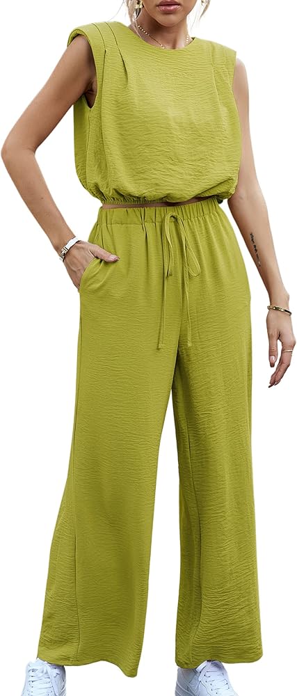 ECOWISH Women's Jumpsuits 2024 Two Piece Summer Sets 2 Piece Outfits for Women Tank Crop Tops Palazzo Pants Set