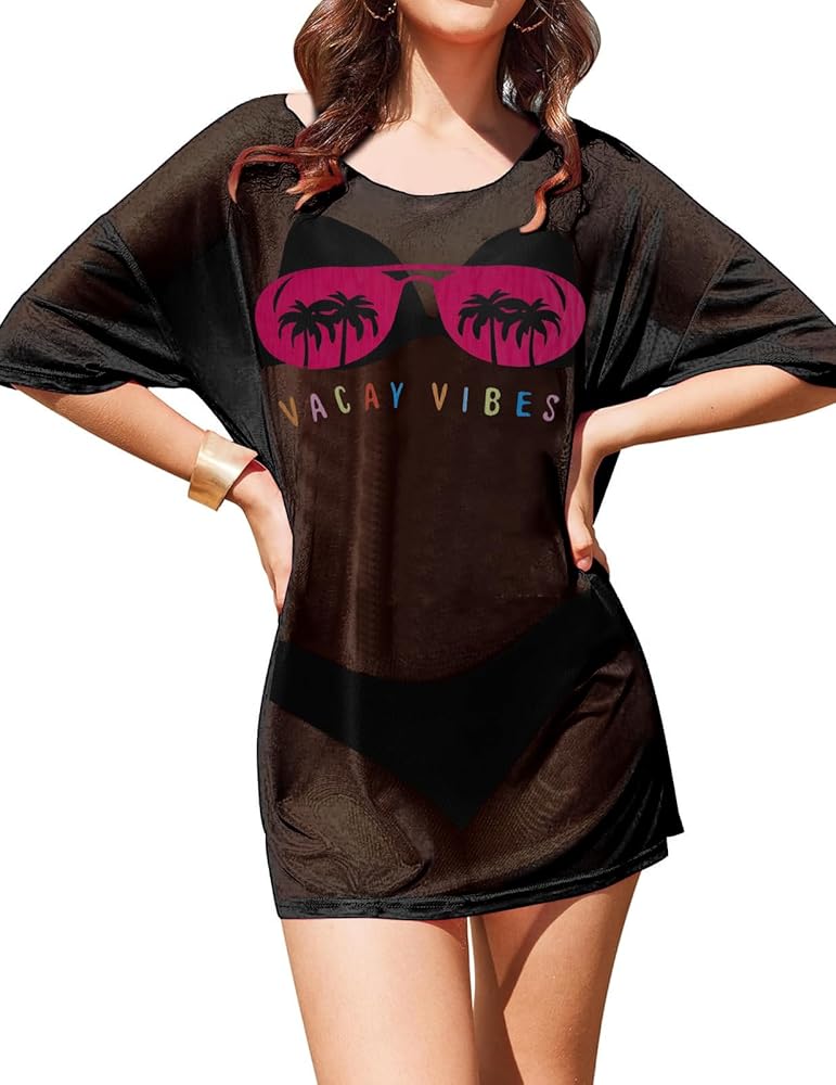 LUKYCILD Hawaii Shirts for Women Vacay Vibes Shirt Sexy Mesh Cover Up Sunglasses Graphic Tee Swimsuit Coverups 2024