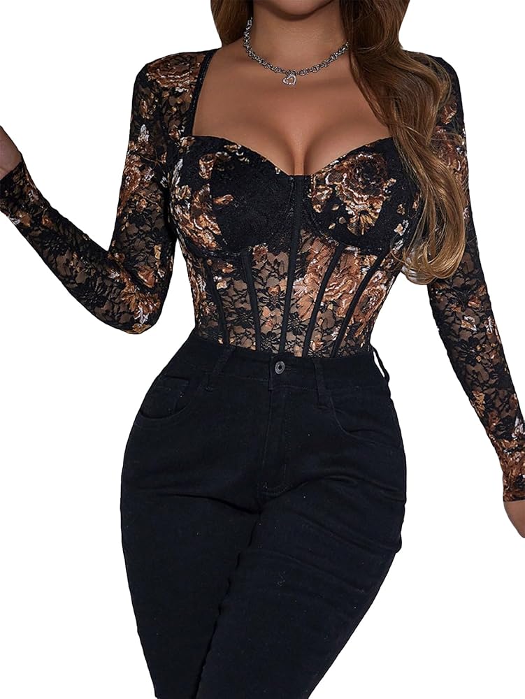 SweatyRocks Women's Sheer Floral Lace Long Sleeve Bodysuit Tops Sweetheart Neck Jumpsuit