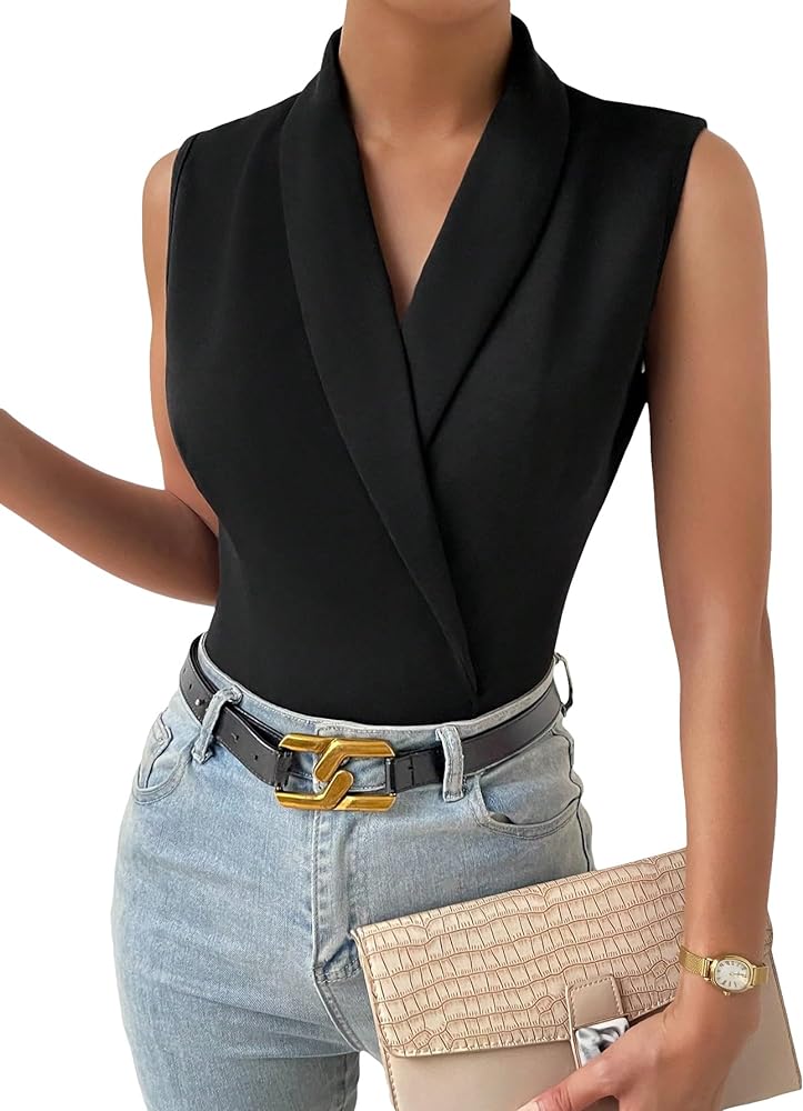 OYOANGLE Women's Elegant Sleeveless V Neck Shawl Collar Wrap Front Work Office Bodysuit Top