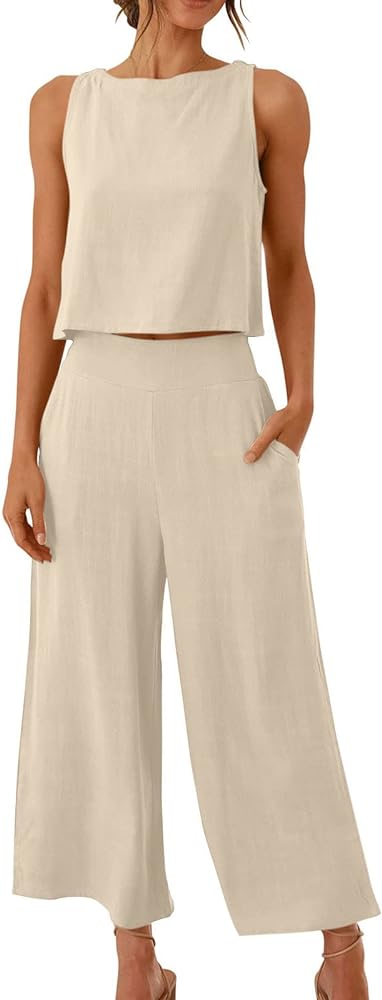 2 Piece Outfits For Women Sleeveless Linen Tank Crop Button Back Top Wide Leg Pants Lounge Matching Sets With Pockets