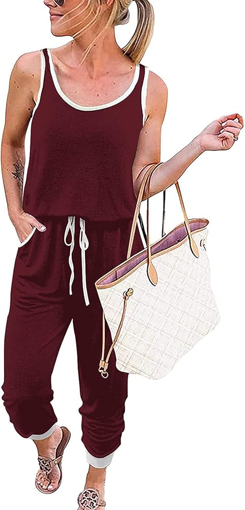 KIRUNDO Women's 2024 Summer Jumpsuits Casual Sleeveless Jumpsuit Drawstring Elastic Waist Romper Pajama with Pockets