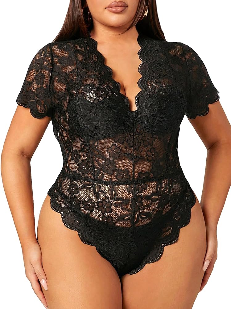 OYOANGLE Women's Plus Size Floral Lace Sheer Short Sleeve V Neck Scallop Trim Bodysuit Shirt Tops