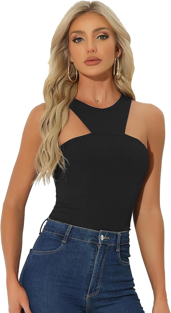 Allegra K Sleeveless Halter Bodysuit for Women's Asymmetrical Tank Top