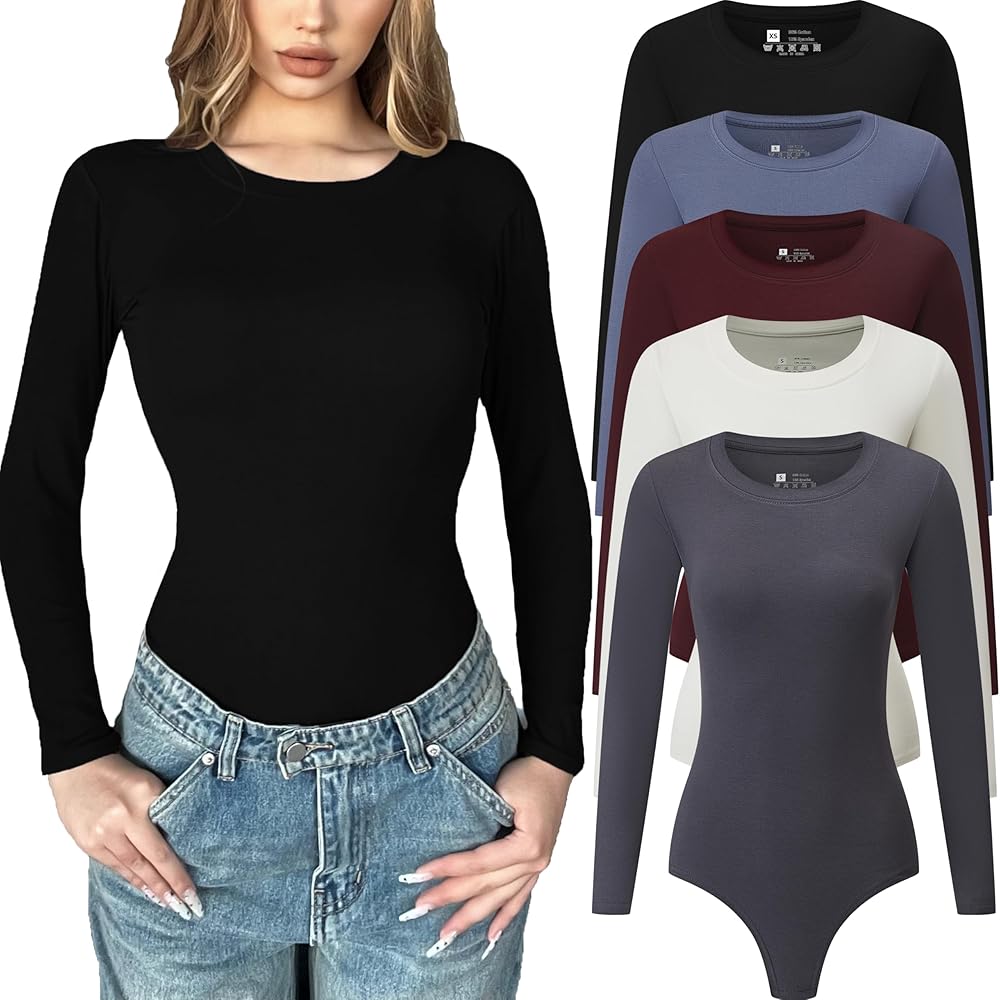 5 Pack Long Sleeve Bodysuit for Women Crew Neck Casual Stretchy Basic T Shirt Body Suits Tops