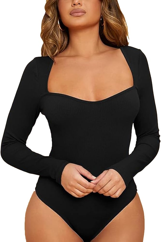 Verdusa Women's Sweetheart Neck Long Sleeve Ribbed Skinny Tee Bodysuits