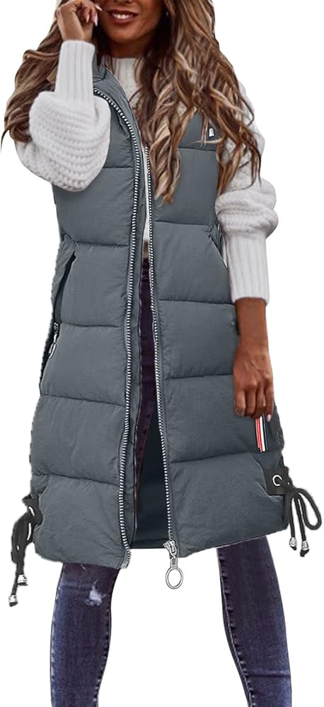 iLH Womens Sleeveless Long Coat Cotton Padded Full Zip Hooded Extra Long Vest with Pocket Windbreaker Jacket Coat for Women