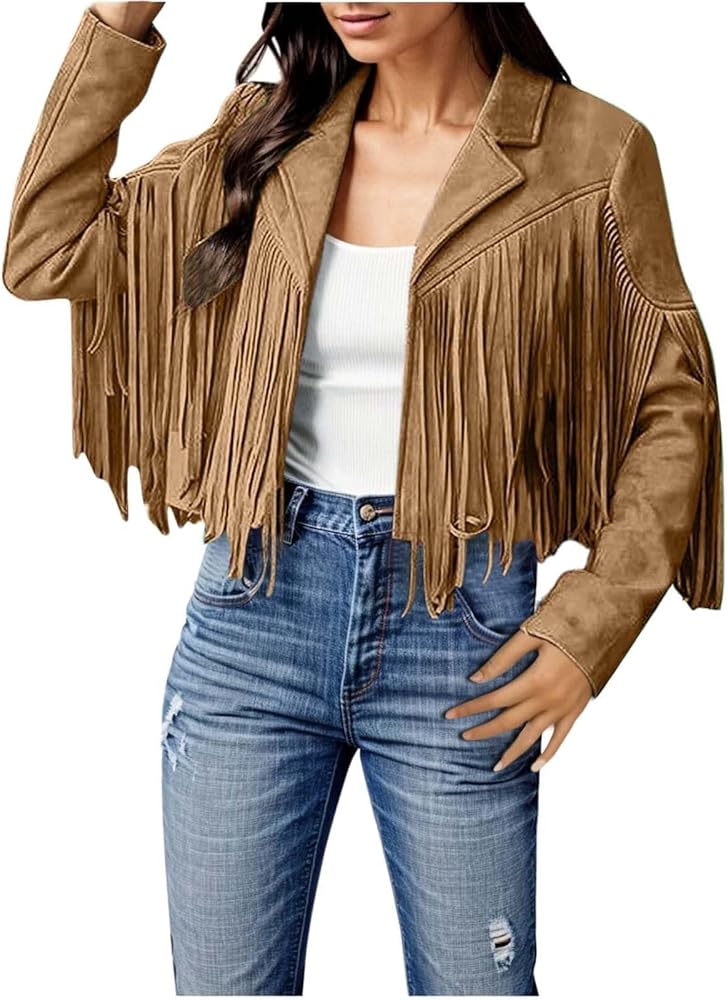 Women's Faux Suede Leather Tassel Jackets-Vintage Lapel Open Front Cowboy Style Long Sleeve Tassels Cardigan Coat Tops