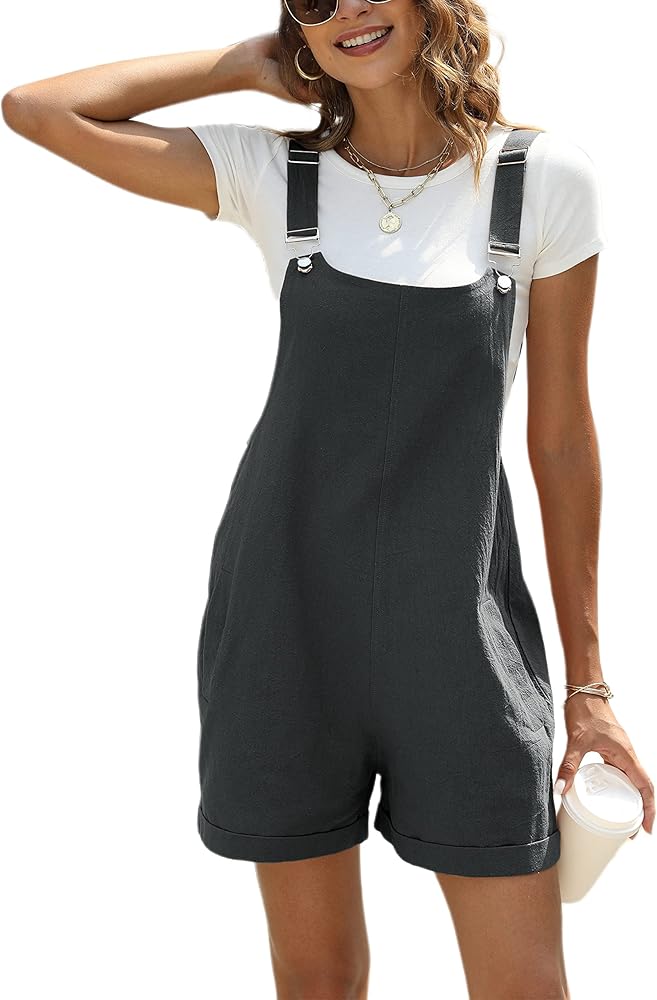 Ailoqing Womens Cotton Linen Short Overalls Casual Summer Bib Shortalls Rompers with Pockets