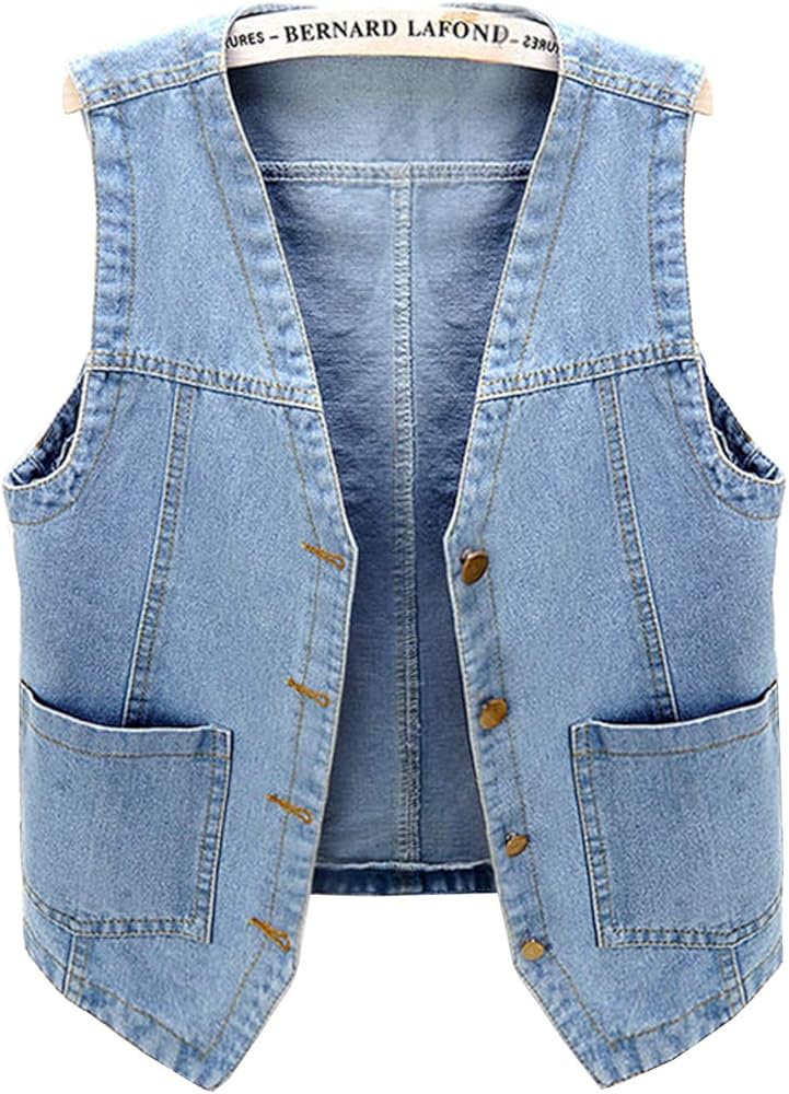 PEHMEA Women's Sleeveless Denim Vest V-Neck Button Up Jean Waistcoat Jacket