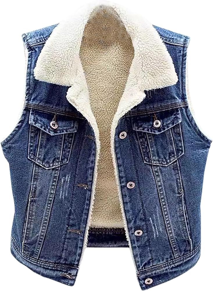 Denim Vest for Women Winter Warm Fuzzy Sherpa Fleece Lined Jean Jacket Sleeveless Cowboy Coat Waistcoat Streetwear