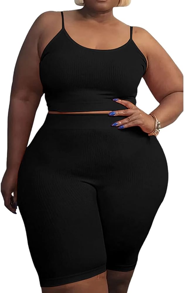 IyMoo Plus Size Workout Sets for Women 2 Piece Seamless Spaghetti Strap Ribbed Crop Tank High Waist Shorts Yoga Outfits