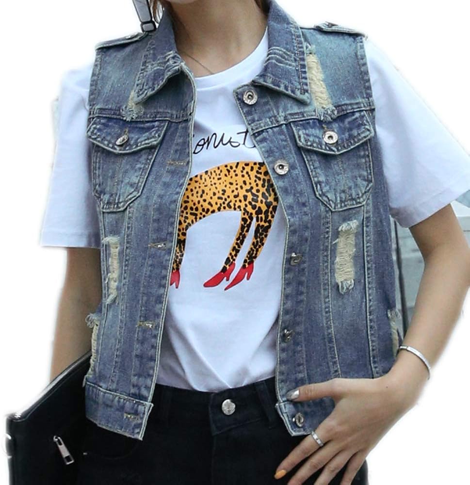 Womens Blue Denim Vest Jean Waistcoat Vest Distressed Jacket for Women Girls Sleeveless