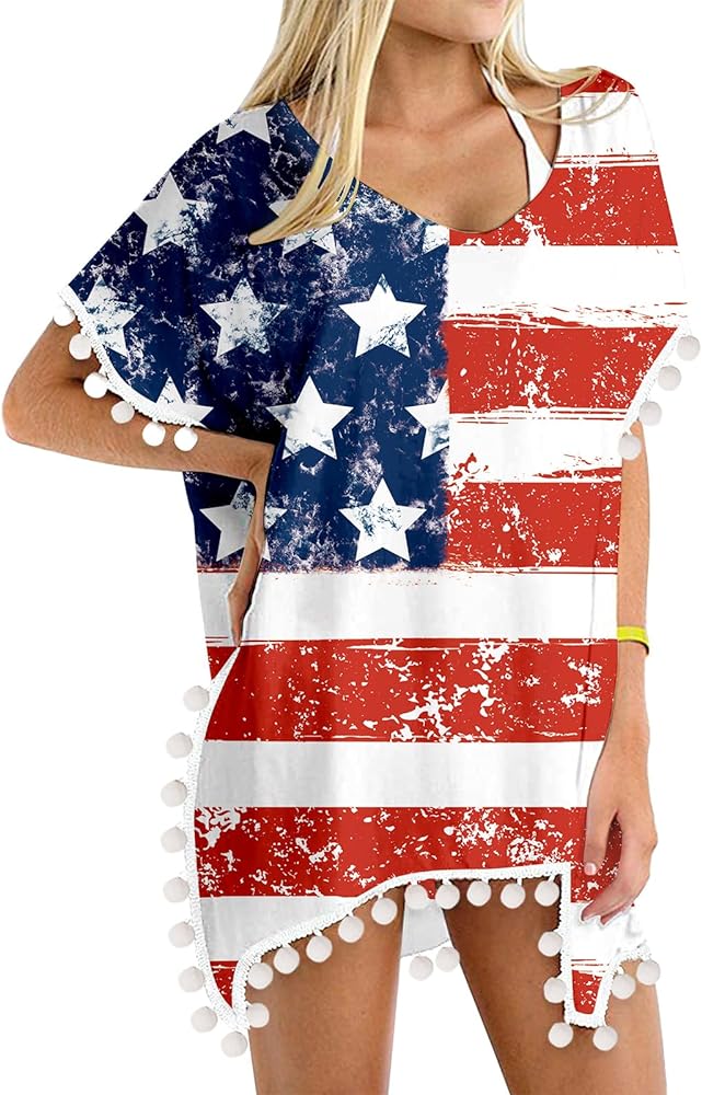 RAISEVERN American Flag Cover Up for Women Chiffon 4th of July Outfits for Swimwear Casual Loose Beach Bikini Coverups