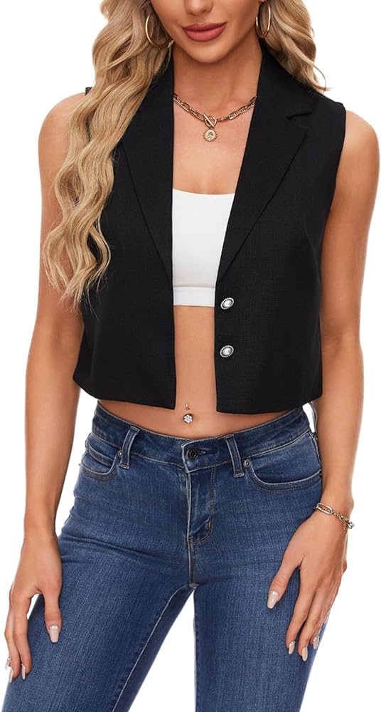 MINTLIMIT Womens Sleeveless Cropped Blazer Vest Notch Lapel Button Waistcoat Vests Casual Dressy Vest Jacket