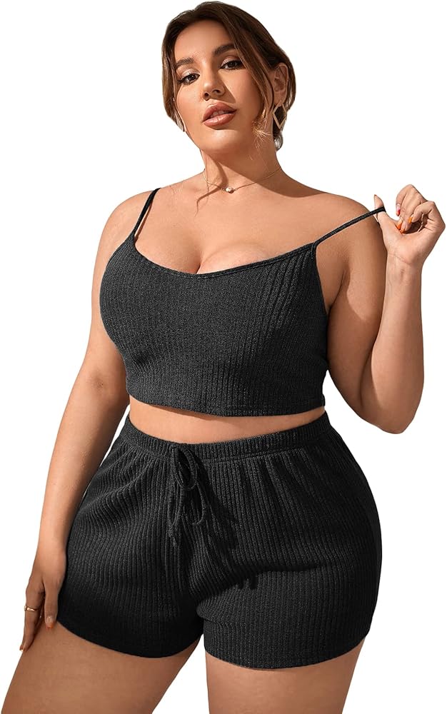 GORGLITTER Women's Plus Size Sleepwear 2 Piece Ribbed Knit Loungewear Cami Crop Top and Shorts Lounge Pjs Pajama Sets