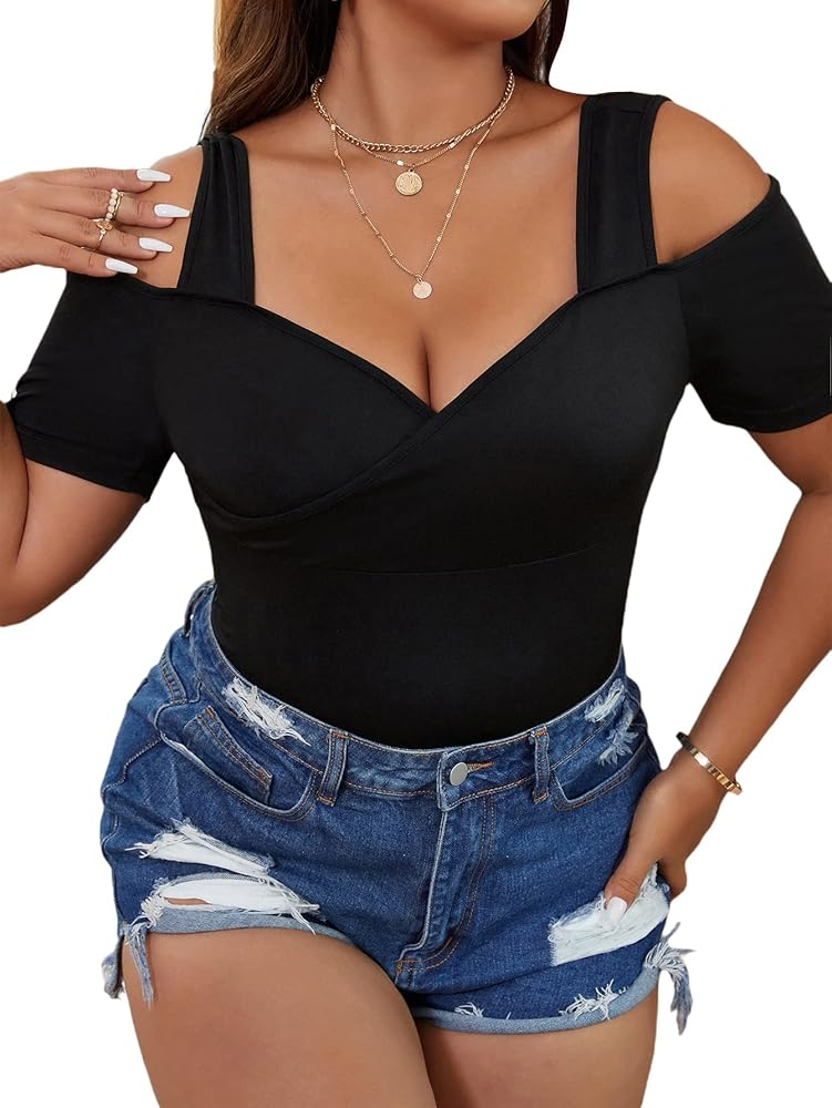 OYOANGLE Women's Plus Size Cold Shoulder Skinny One Piece Bodysuit Short Sleeve Cut Out T-Shirt Top