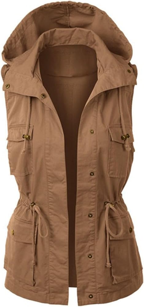 Women's Hooded Cargo Vest Drawstring Button Down Sleeveless Jackets Plus Size Casual Lightweight Outdoor Work Waistcoat