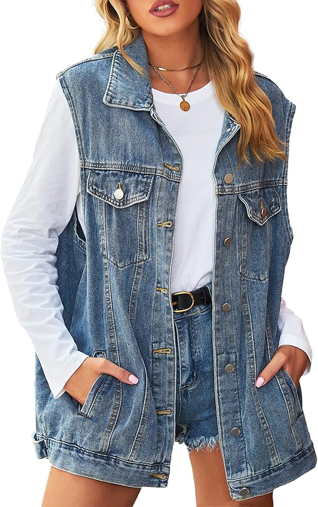 Hixiaohe Women's Denim Vest Sleeveless Jean Jacket Button Down Casual Lapel Waistcoat With Detachable Hooded Vest