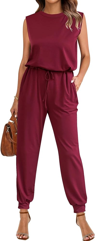 luvamia Sleeveless Jumpsuits for Women Drawstring Stretchy Long Rompers with Pockets Loose Comfy Jogger Pants Jumpsuit