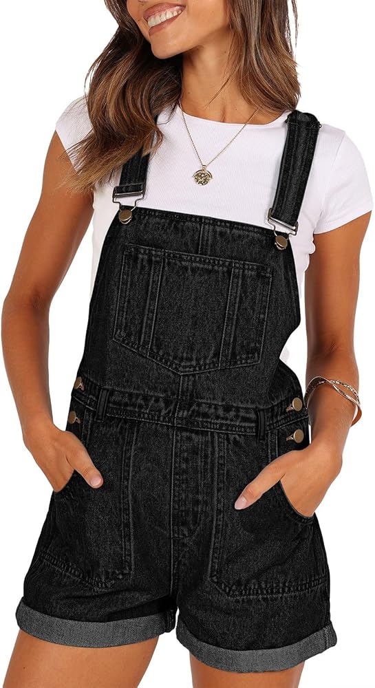 Pink Queen Women's Denim Shortalls Casual Adjustable Straps High Waist Bib Jeans Overalls Shorts Romper with Pockets