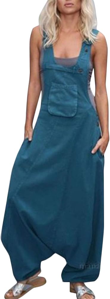 Flygo Womens Cotton Baggy Suspender Pants Bib Baggy Wide Leg Low Crotch Jumpsuits Rompers Overalls with Pockets