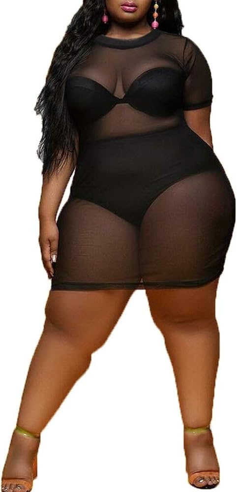 Plus Size Womens Sheer Mesh Swimsuit Cover Ups Dress Short Sleeve See Through Dresses for Women Sexy Club