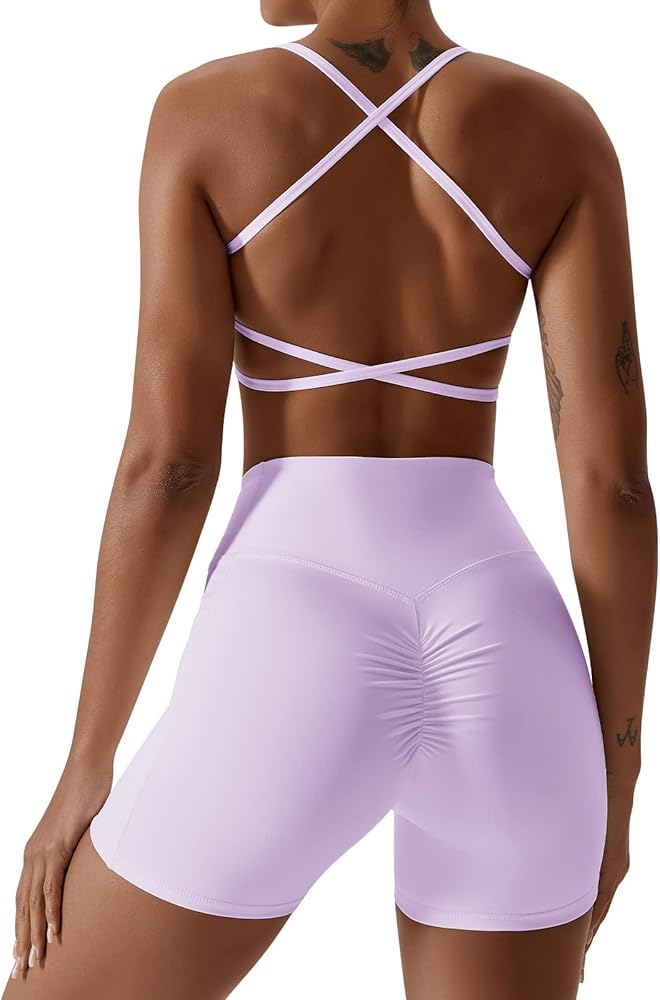 IWEMEK Women Workout 2 Piece Outfits Scoop Neck Cross Back Sport Bra Crossover High Waist Leggings with Pockets Yoga Gym Sets