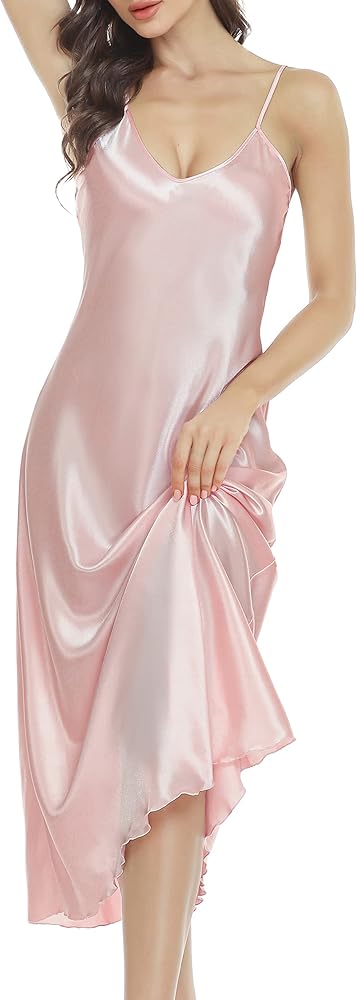 Vlazom Women Sexy Lingerie Satin Nightgown Silk Chemise Mini Slips V Neck Negligee Sleepwear with Adjustable Straps