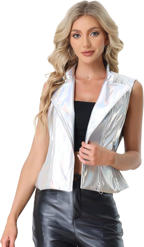 Allegra K 1980s Disco Jacket for Women's Metallic Holographic Shiny Stand Collar Sleeveless Faux Leather Vest