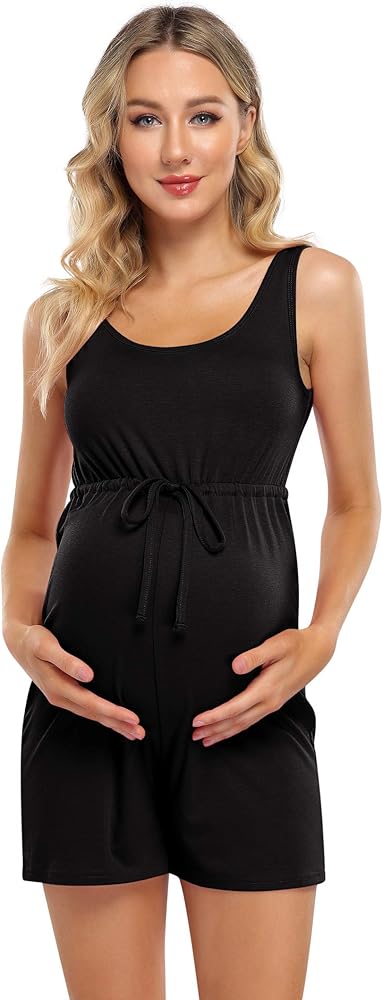 Maternity Dress Women's Scoop Neck Sleeveless Tank Top Jumpsuit Summer Jumpsuit High Waist Belt blackX-Large