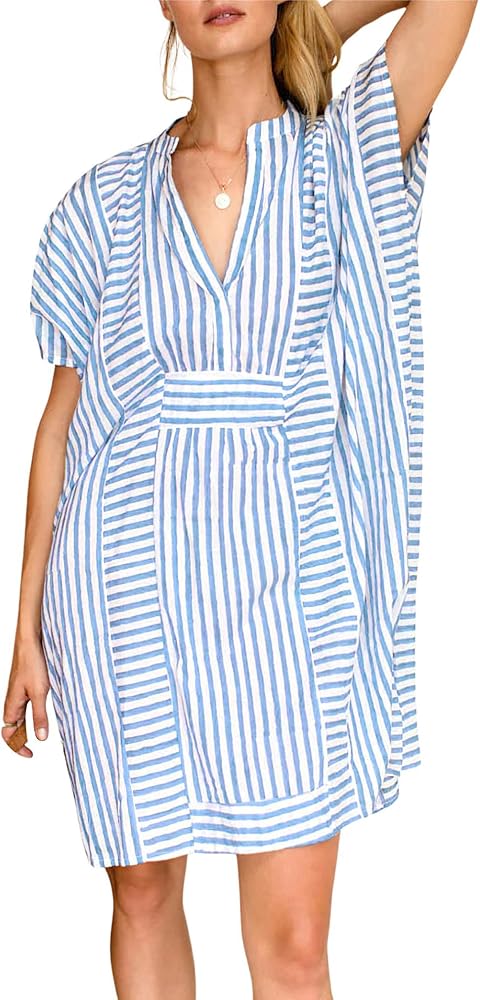 chouyatou Womens Summer Loose Stripe Beach Dress Cover Ups Casual Batwing Sleeve Midi Tunic Shirt Dress