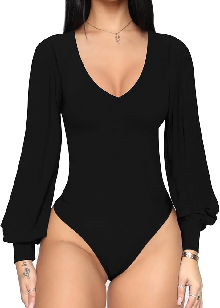 Women Deep V Neck Long Sleeve Ruched Bodysuit Tops Leotard Shirts