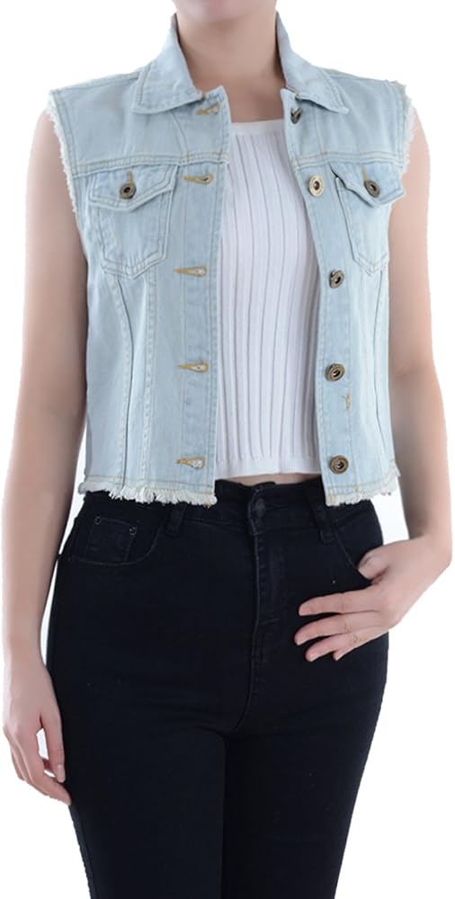 Anna-Kaci Womens Distressed Denim Button Up Sleeveless Crop Vest