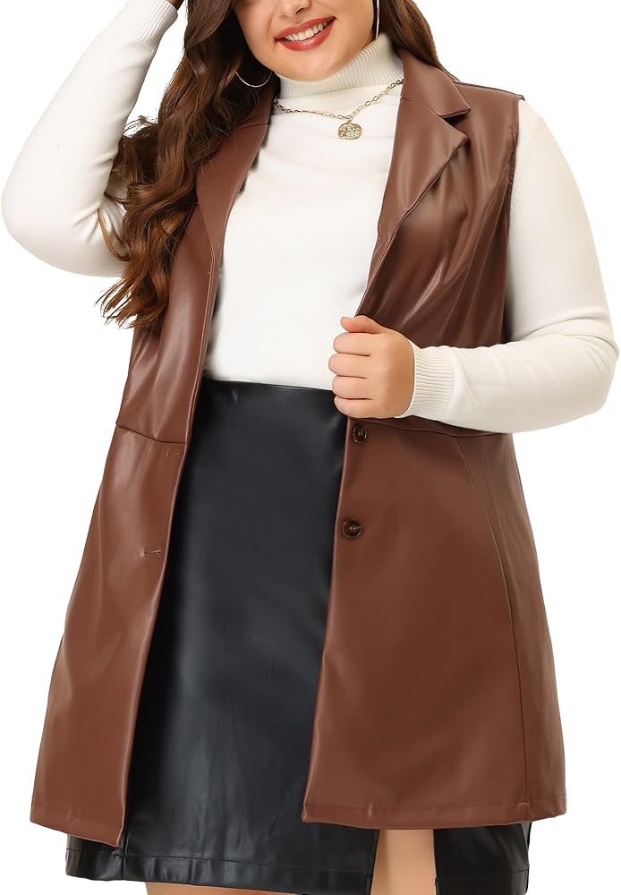 Agnes Orinda Plus Size Vests for Women Sleeveless Lapel Casual PU Jackets Vest