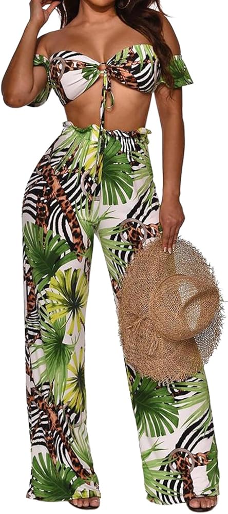 CuteCherry Two Peice Womens Outfits Summer Sexy Wide Leg Jumpsuit Floral Colorful Spaghetti Strap Top Long Pants Beach Sets