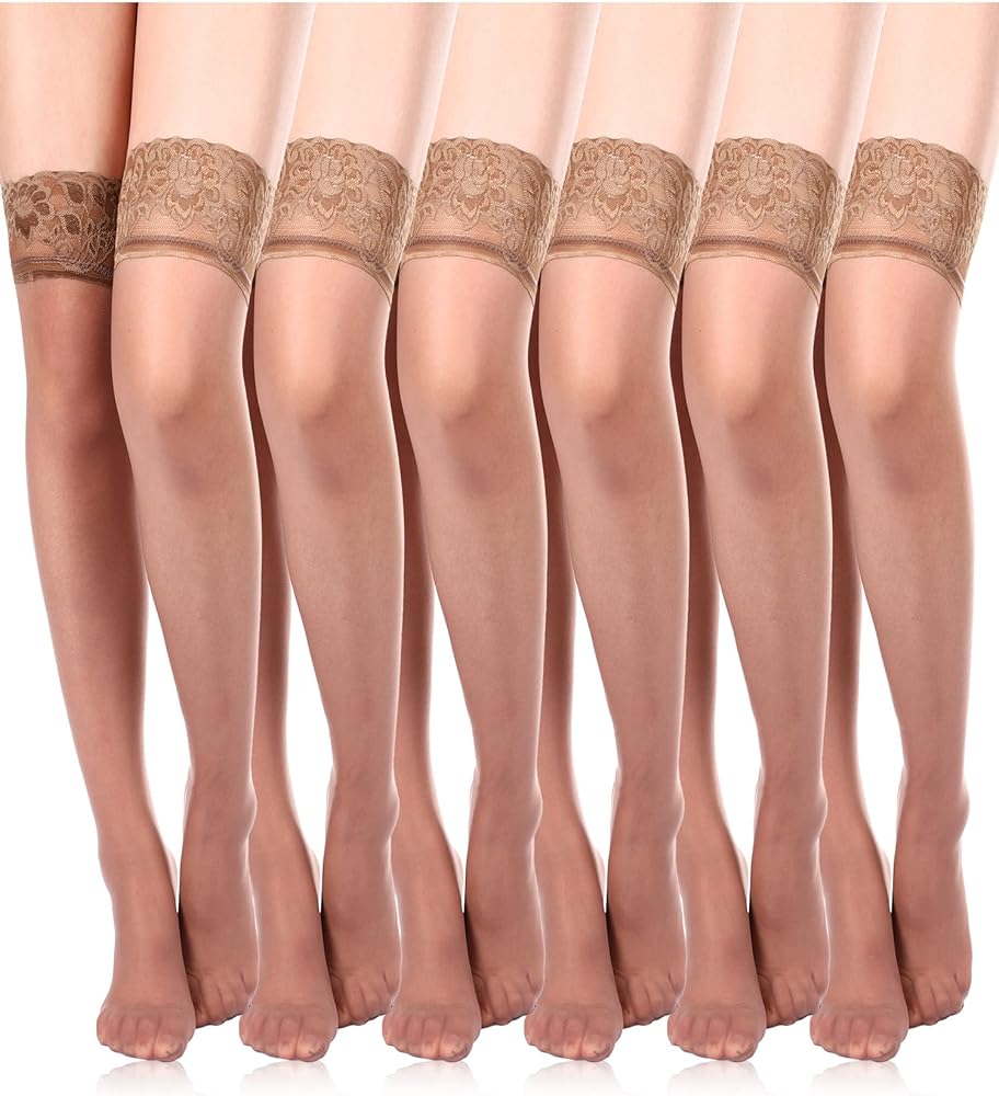 6 Pairs Thigh High Stockings Lace Tights Silky Semi Sheer Stocking for Women Girls