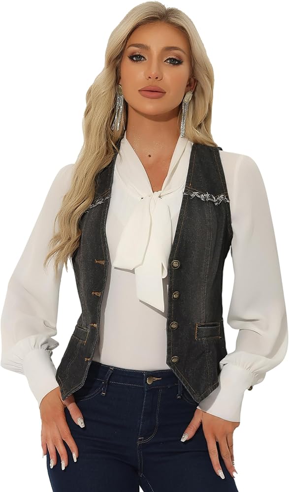 Allegra K Denim Vest for Women's Sleeveless V Neck Washed Distressed Jean Jacket