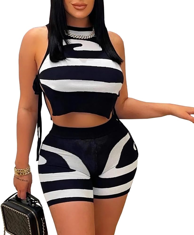 Women's Sexy 2 Piece Outfits Sweater Sets Ribbed Knit Sleeveless Crop Top Shorts Set Party Club Tracksuit