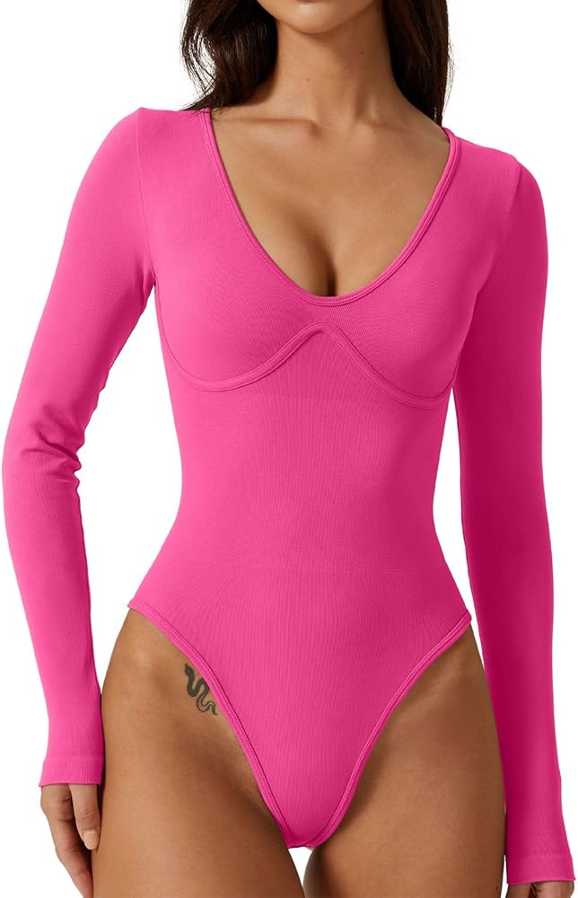 QINSEN Women's Sexy V Neck Bodysuit Long Sleeve Bodycon Stretch Plunge Shirt Tops