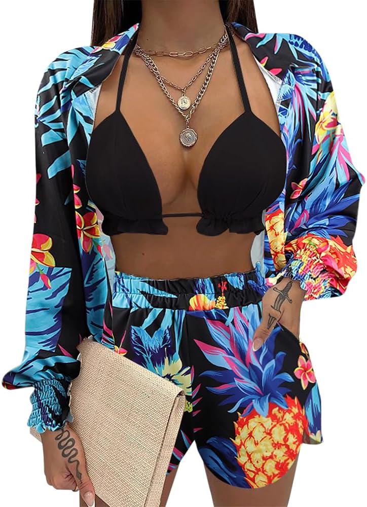 3 Piece Swimsuits for Women Hawaiian Outfits Floral Tropical Bikini Short Sets Summer Beach Sexy Cover Ups Luau Party