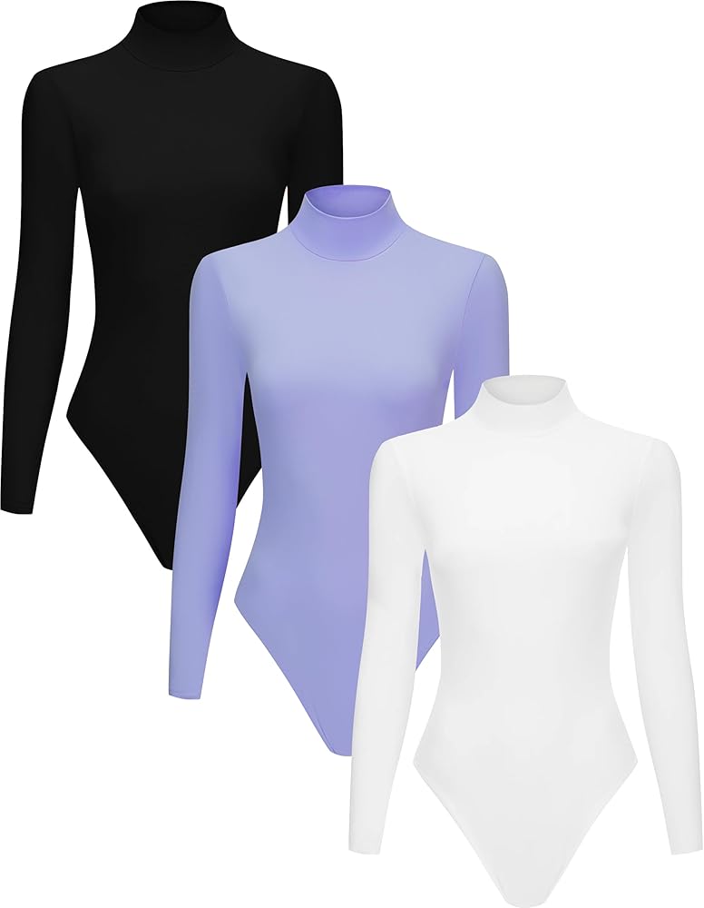 3 Piece Women's Mock Turtle Neck Long Sleeve Bodysuit T Shirts Body Suit Tops