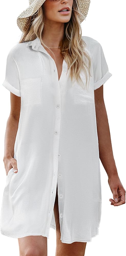 AI'MAGE Womens Bathing Suit Cover Ups Summer Shirt Dress Casual Short Sleeve Button Down Beach Shirts with Pockets S-XXL