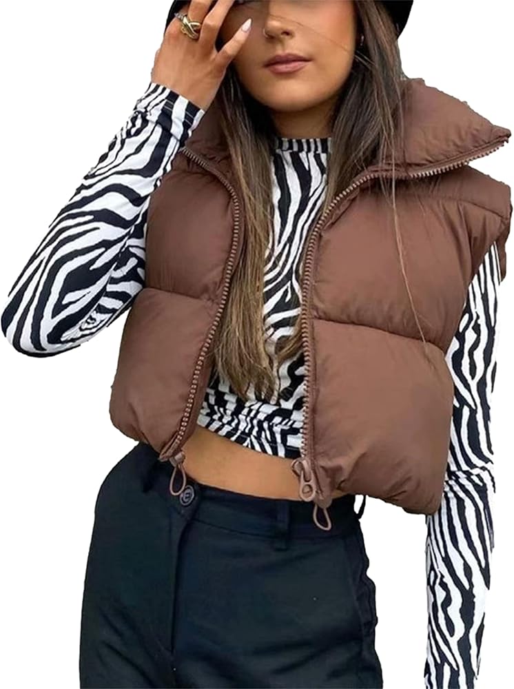 Zontroldy Womens Cropped Puffer Vest Padded Down Stand Collar Zip Lightweight Sleeveless Outwear Gilet Jacket Waistcoat