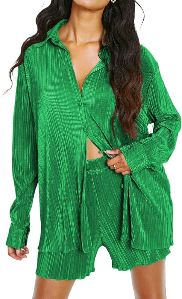 Women's 2 Piece Outfits Pleated Oversized Long Sleeve Button Down Shirts Elastic Waist Wide Leg Pant Clubwear Set