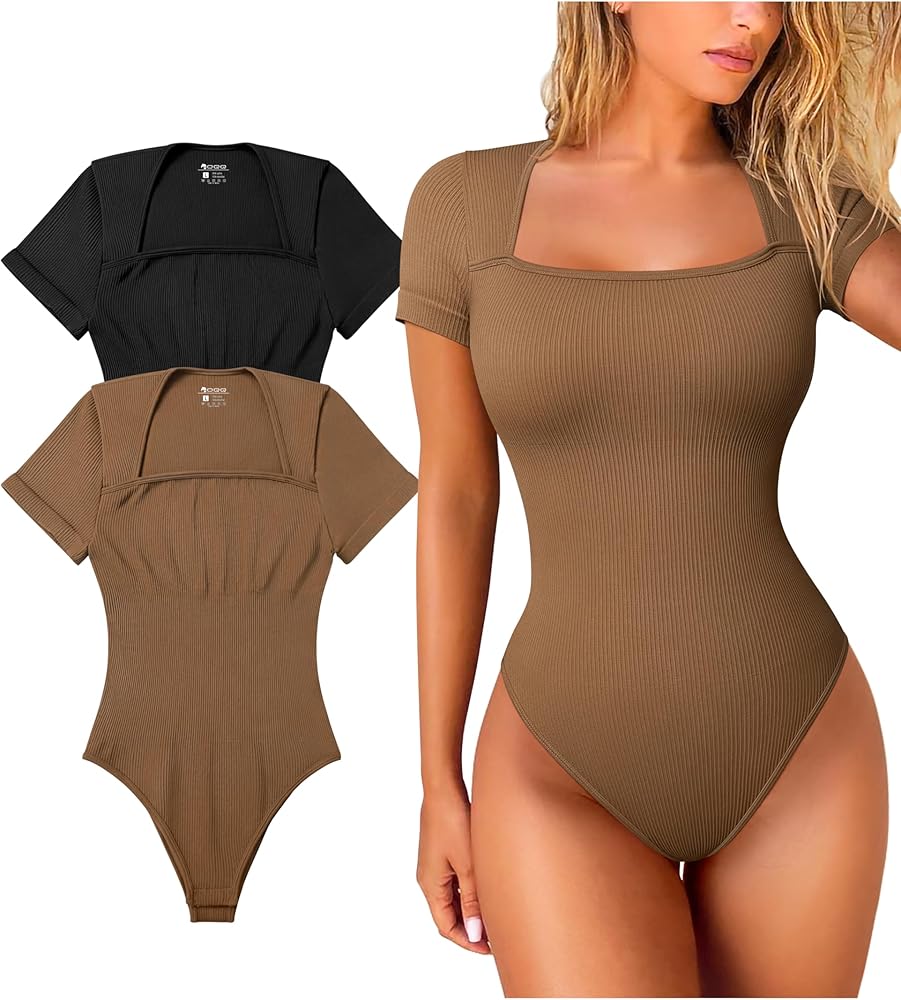 OQQ Women‘s 2 Piece Short Sleeve Bodysuits Sexy Ribbed Stretch One Piece Saquare Neck Bodysuits